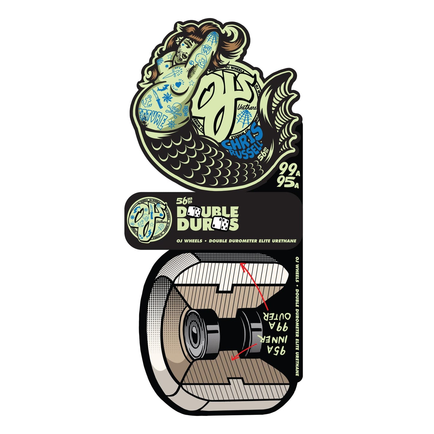 OJ Wheels 56mm 99a/95a Chris Russell Sexy Mermaid Double Duro White Mini Combo Skateboard Wheels