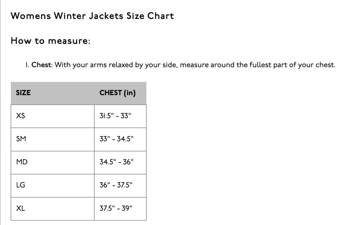Oneill womens winter jacket size chart