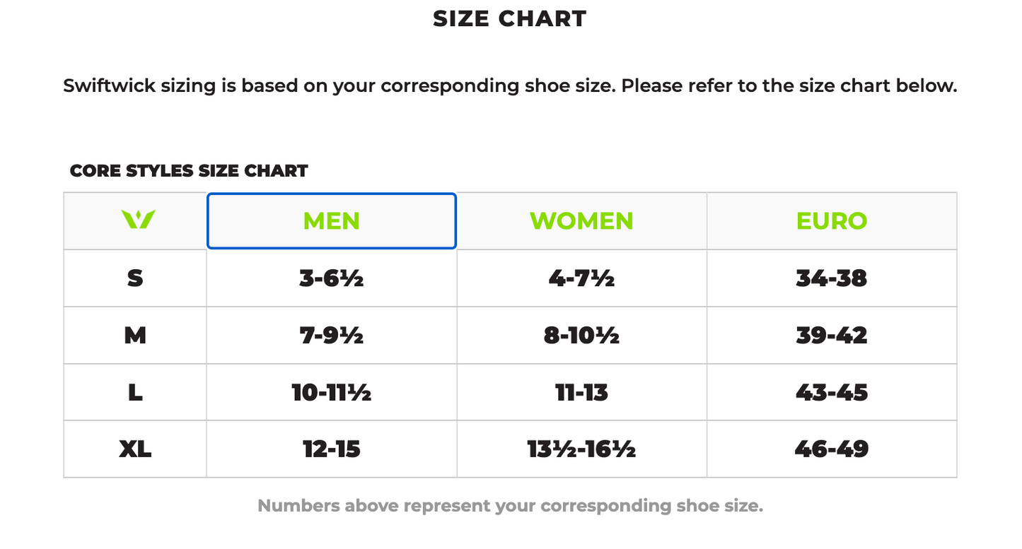 Swiftwick Cycling Socks Size Guide