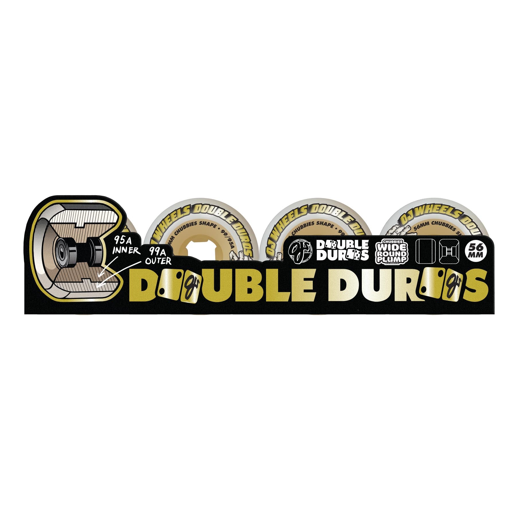 OJ Wheels 56mm 101a/95a Double Duro White Gum Chubbies Skateboard Wheels
