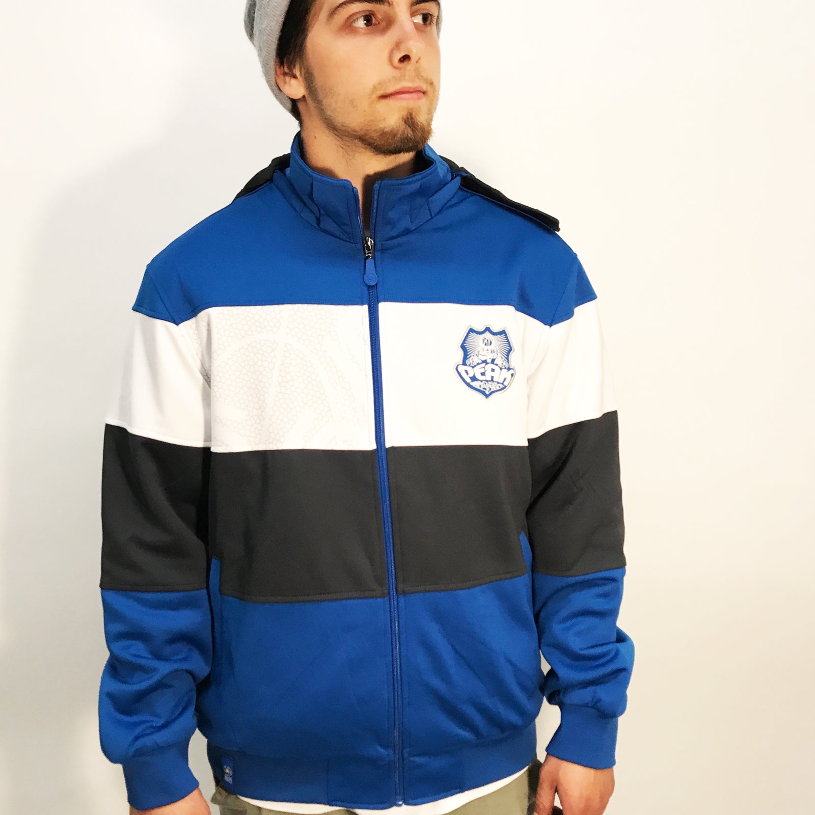 Peak Men's Shield Full Zip Knit Hooded Jacket Blue White