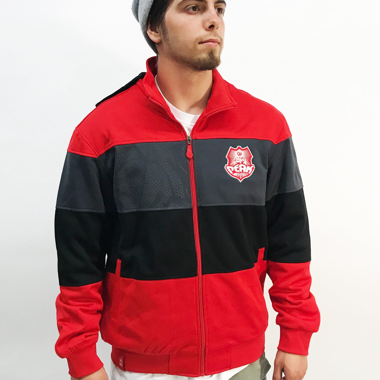 Peak Men's Shield Full Zip Knit Hooded Jacket Red Black