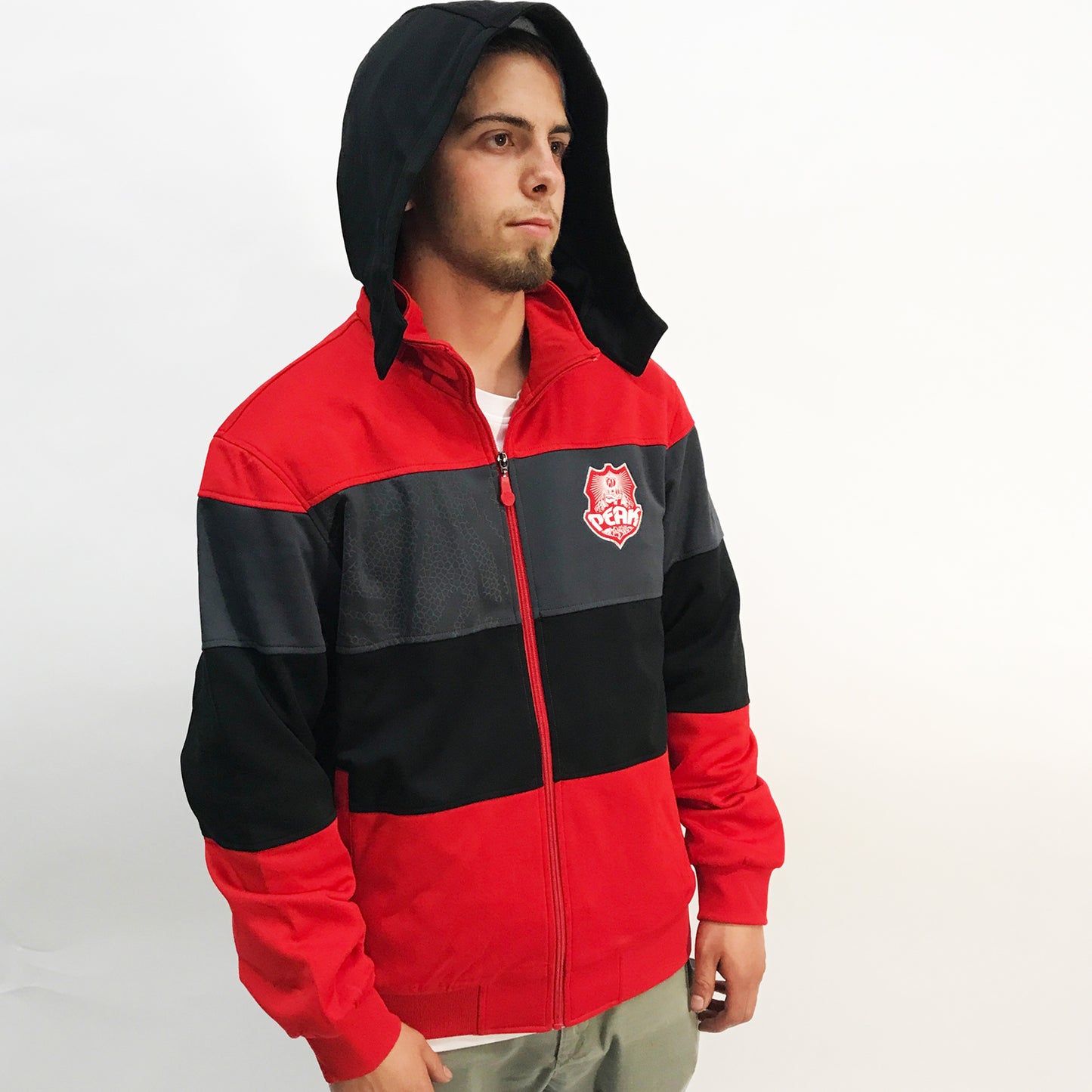 Peak Men's Shield Full Zip Knit Hooded Jacket Red Black