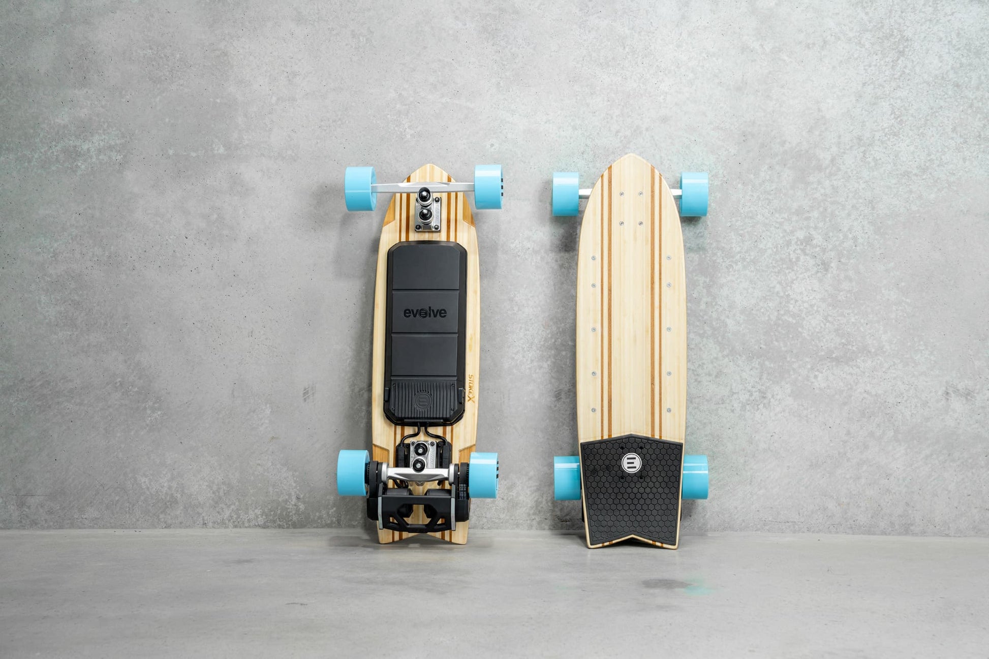 Evolve Skateboards Stoke X Bamboo Cruiser Electric Skateboard Blue Wheels