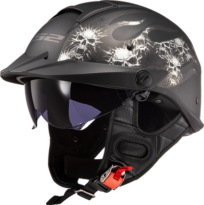 LS2 Rebellion Bones Half Motorcycle Helmet W/  SunShield Matte Black