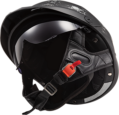 LS2 Rebellion Bones Half Motorcycle Helmet W/  SunShield Matte Black