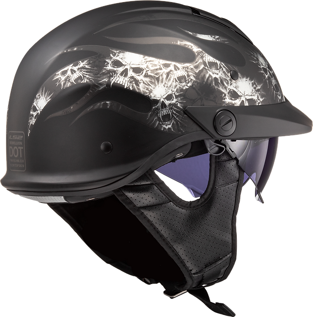 LS2 Rebellion Bones Half Motorcycle Helmet W/  SunShield Matte Black