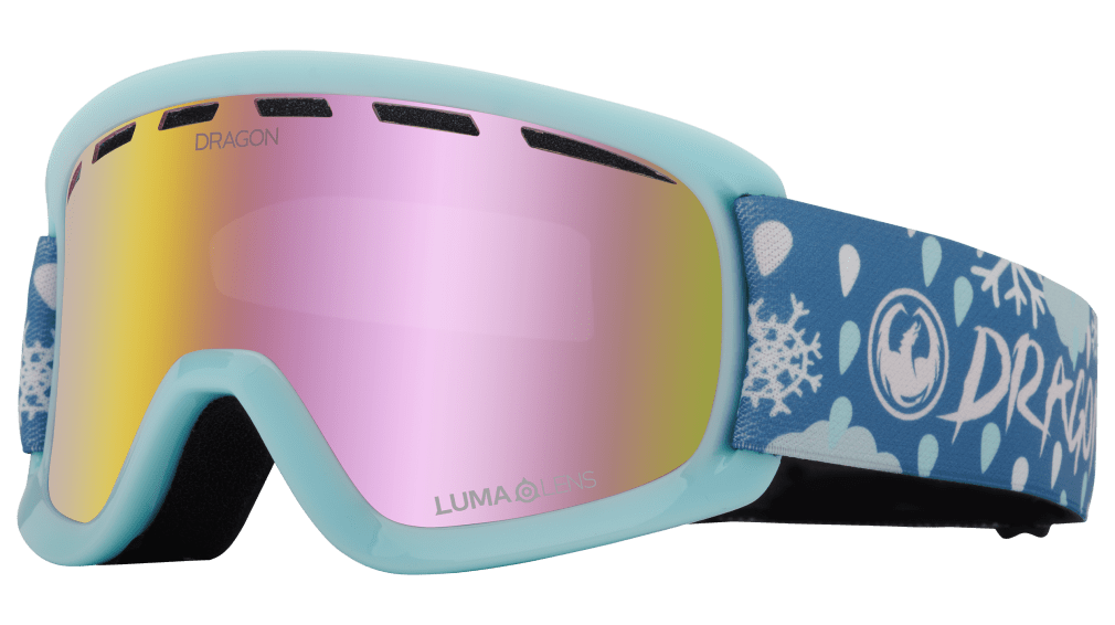 Dragon Alliance Little Lil D Kids Child Youth Ski Snowboard Goggles Snow Dance Light Blue Pink Ion Mirror Lens Profile