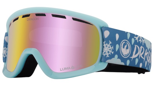Dragon Alliance Little Lil D Kids Child Youth Ski Snowboard Goggles Snow Dance Light Blue Pink Ion Mirror Lens Profile