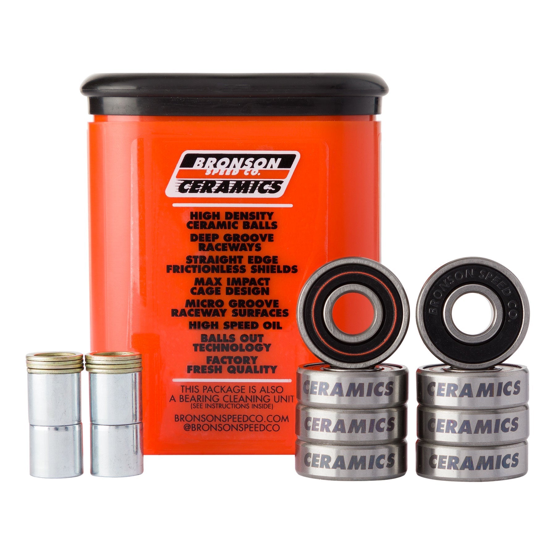 Bronson Speed Company Next Generation Ceramic Skate Rated Skateboard Longboard Scooter Rollerblade Bearings with Cleaning Kit Back