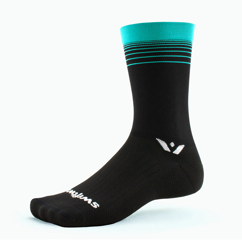 Swiftwick Mens Womens Unisex Aspire Seven 7 inch Crew Cuff Biking Socks black blue stripe