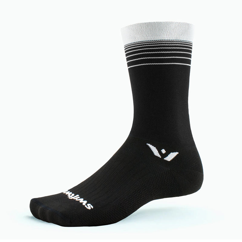Swiftwick Mens Womens Unisex Aspire Seven 7 inch Crew Cuff Biking Socks black white stripe