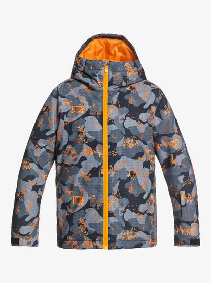 Quicksilver Boy's Mission Printed Snow Jacket Grey and Orange Front View
