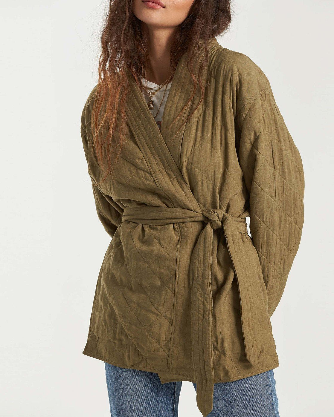 Billabong Womans Piece Out Quilted Jacket Sage Green Front Closed