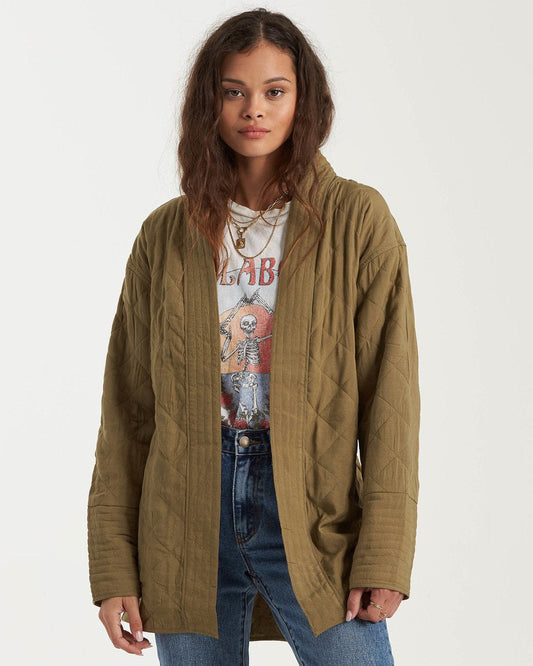 Billabong Women's Piece Out Quilted Jacket Sage Green Front Open