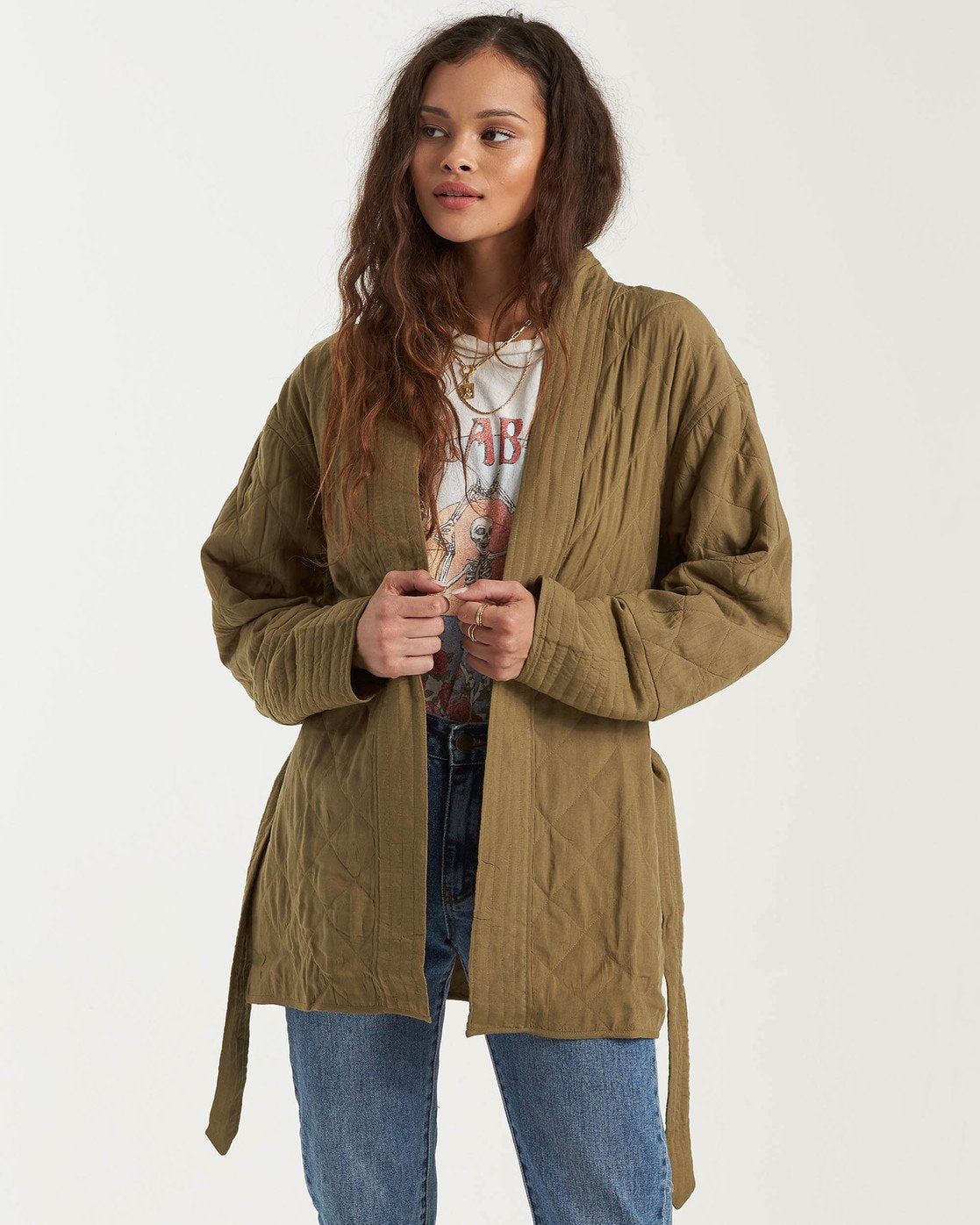 Billabong Women's Piece Out Quilted Jacket Sage Green Front Open Alt