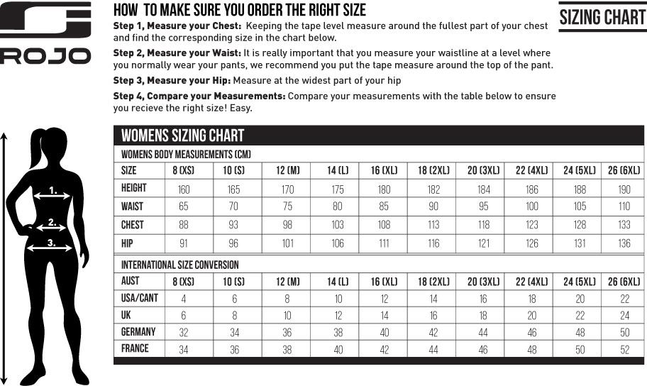 Rojo Outerwear Women's Size Chart
